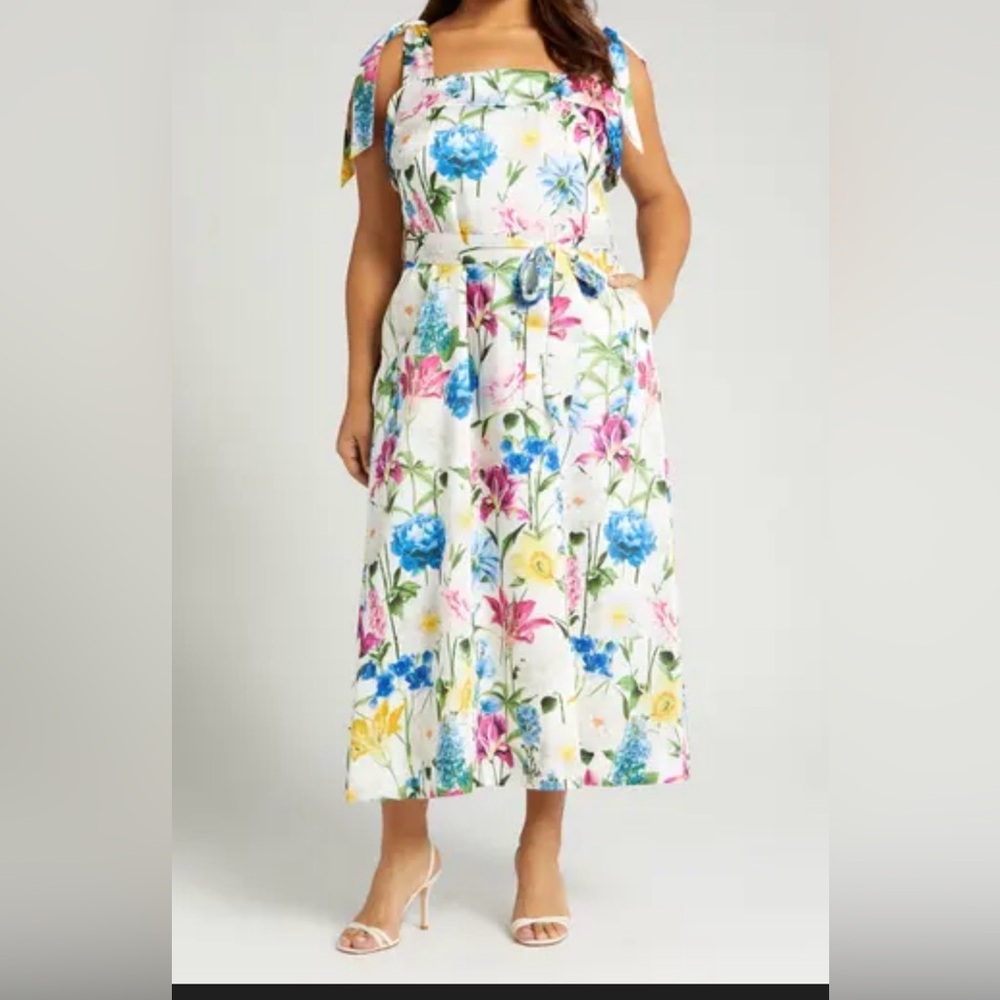 Anne Klein White Floral Midi Dress with Blue, Yellow & Pink Flowers